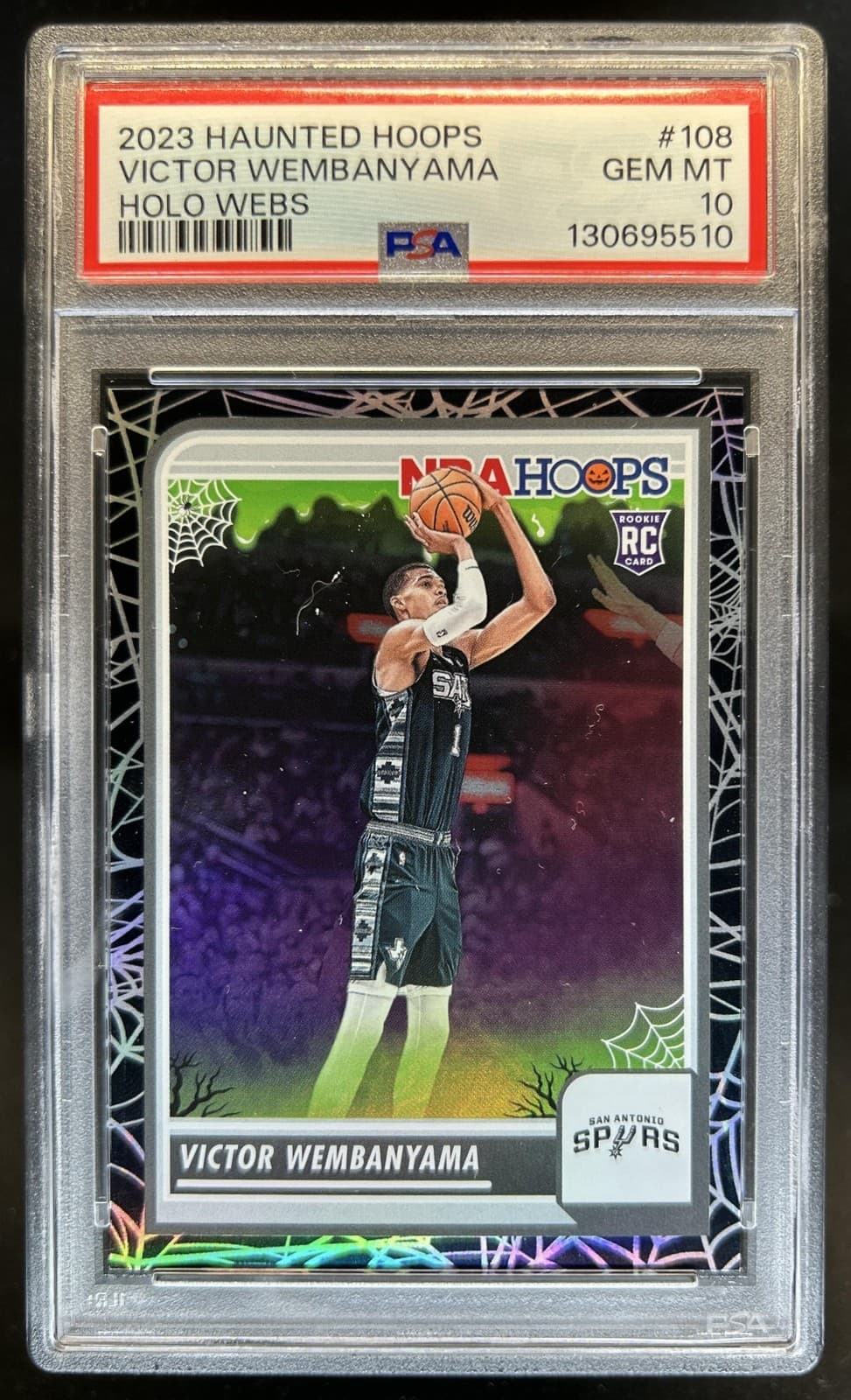 2023-24 Panini Hoops Haunted Victor Wembanyama Holo Webs RC #108 Spurs PSA 10