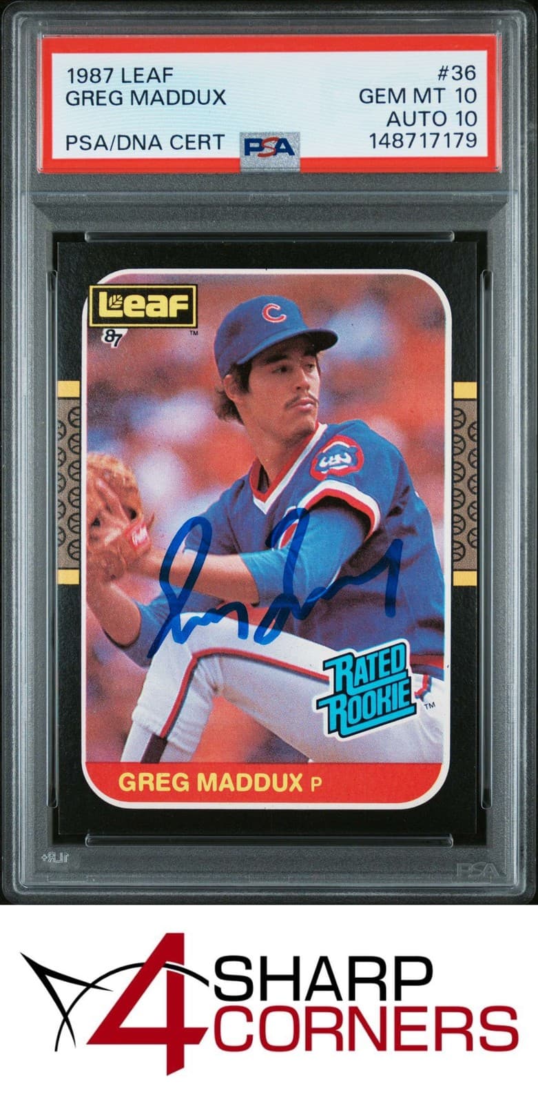 1987 LEAF #36 GREG MADDUX RC CUBS HOF POP 2 PSA 10 DNA AUTO 10
