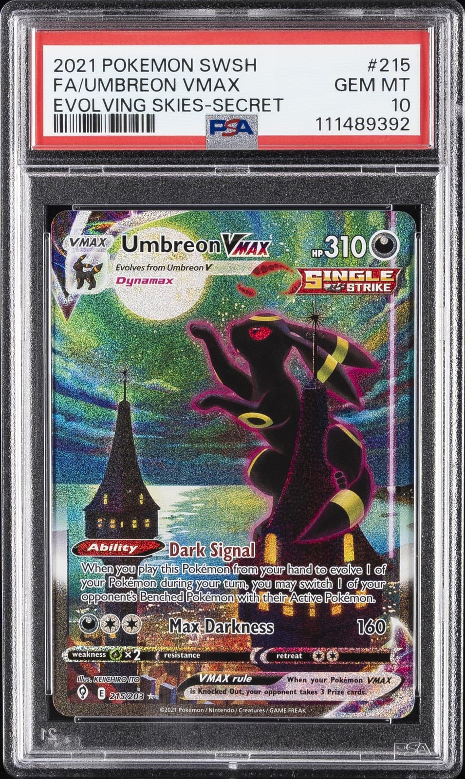 2021 POKEMON SWORD & SHIELD EVOLVING SKIES SECRET FULL ART/UMBREON VMAX PSA 10