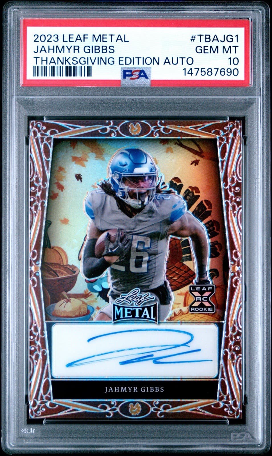 2023 Leaf Metal Thanksgiving Edition Autographs Jahmyr Gibbs #TBAJG1