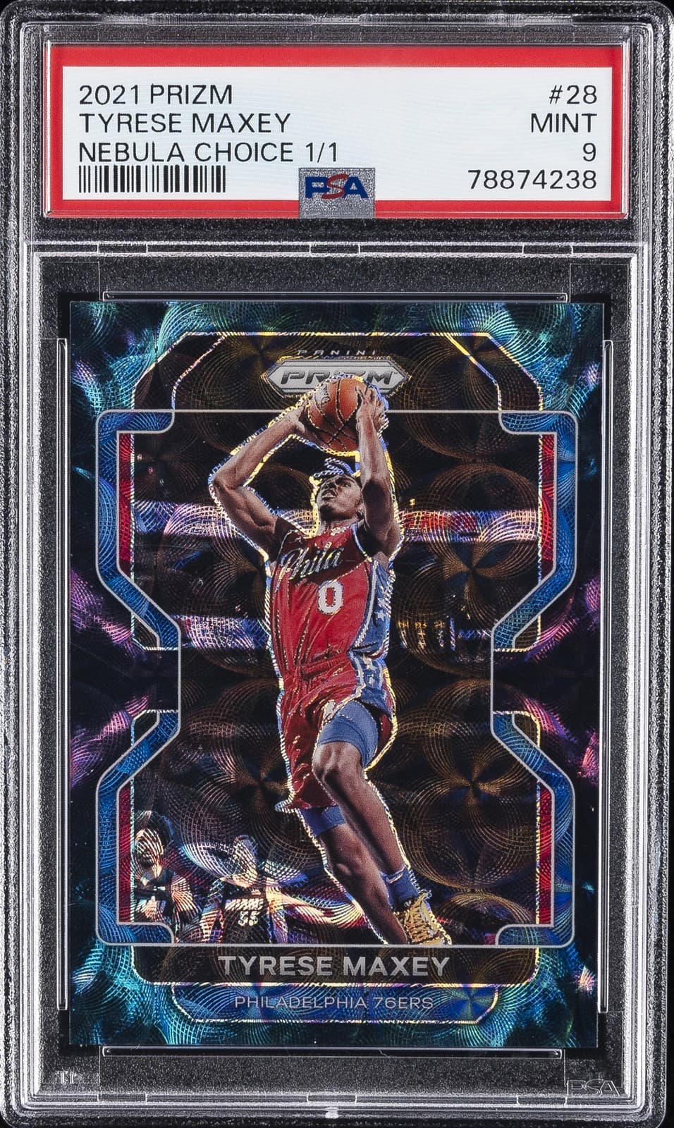 2021 PANINI PRIZM NEBULA CHOICE 1/1 #28 TYRESE MAXEY 1/1 PSA 9