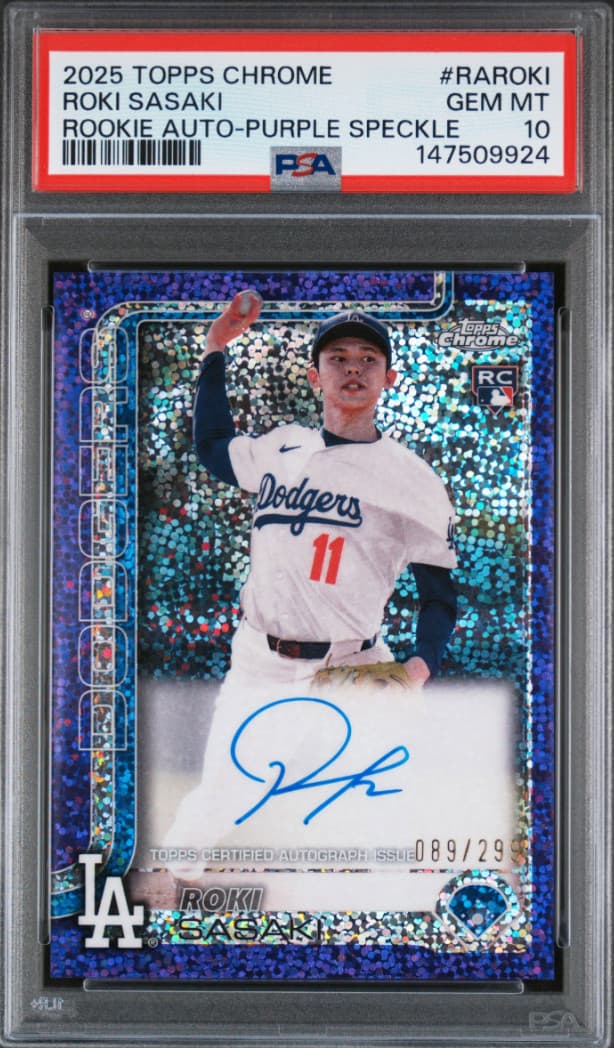 2025 Topps Chrome Rookie Autographs Auto-Purple Speckle Roki Sasaki Psa 10
