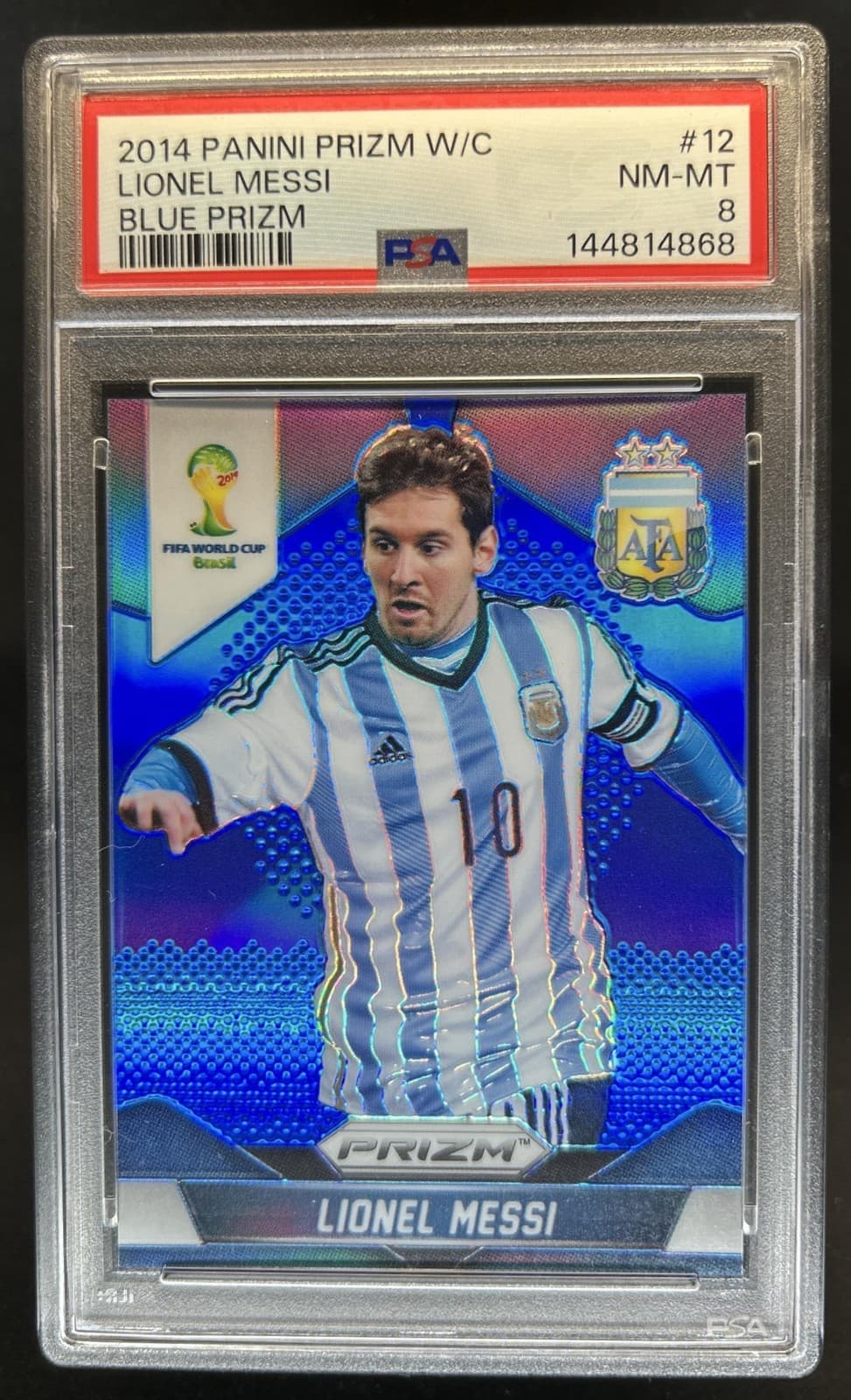2014 Panini Prizm FIFA World Cup Brazil Lionel Messi Prizm Blue #/199 PSA 8