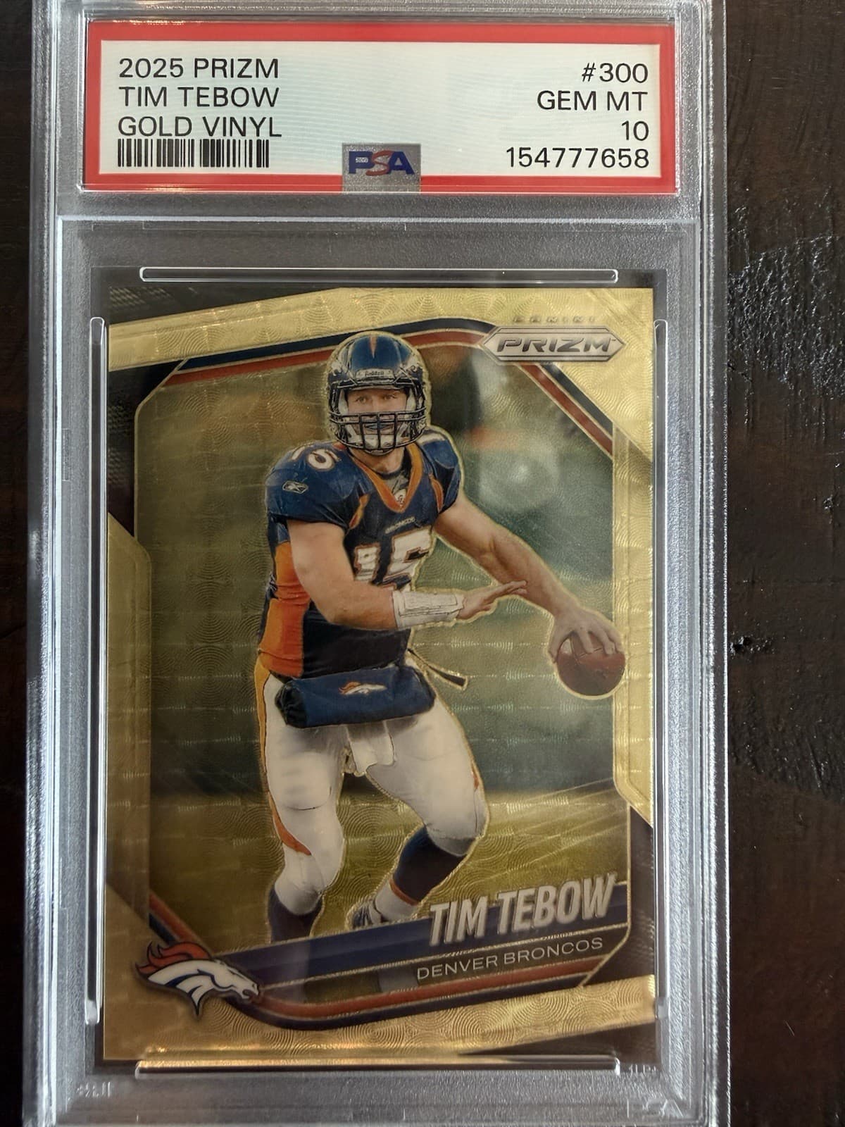 Panini 2025 Prizm Tim Tebow Broncos #300 Gold Vinyl /5 PSA 10