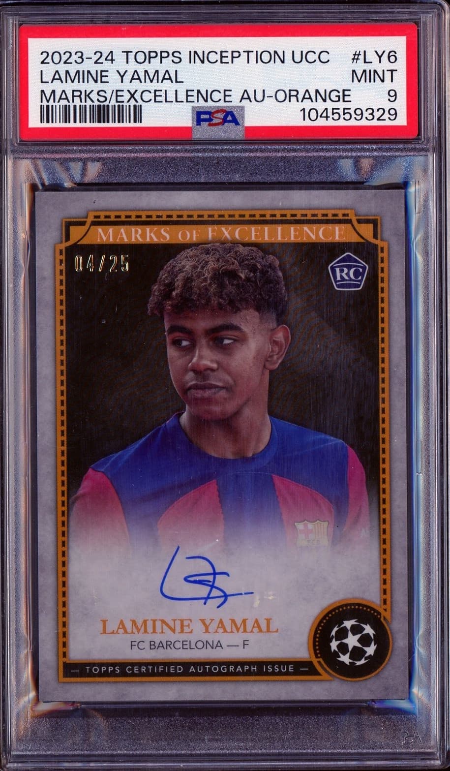 2023-24 Topps Inception Soccer Orange Lamine Yamal RC ON CARD AUTO /25 PSA 9