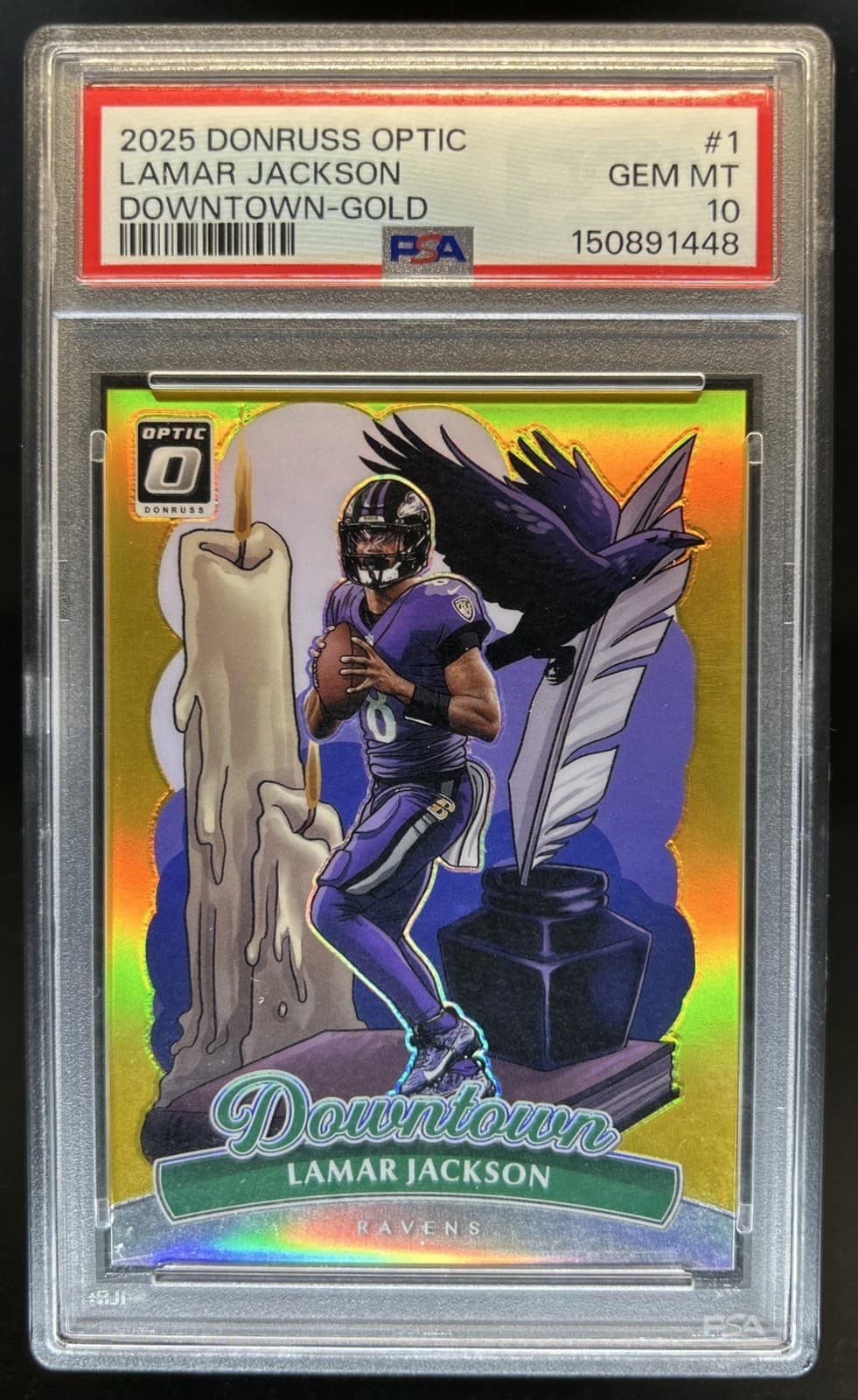 2025 Panini Donruss Optic Lamar Jackson Downtown Gold Prizm #/10 Ravens PSA 10