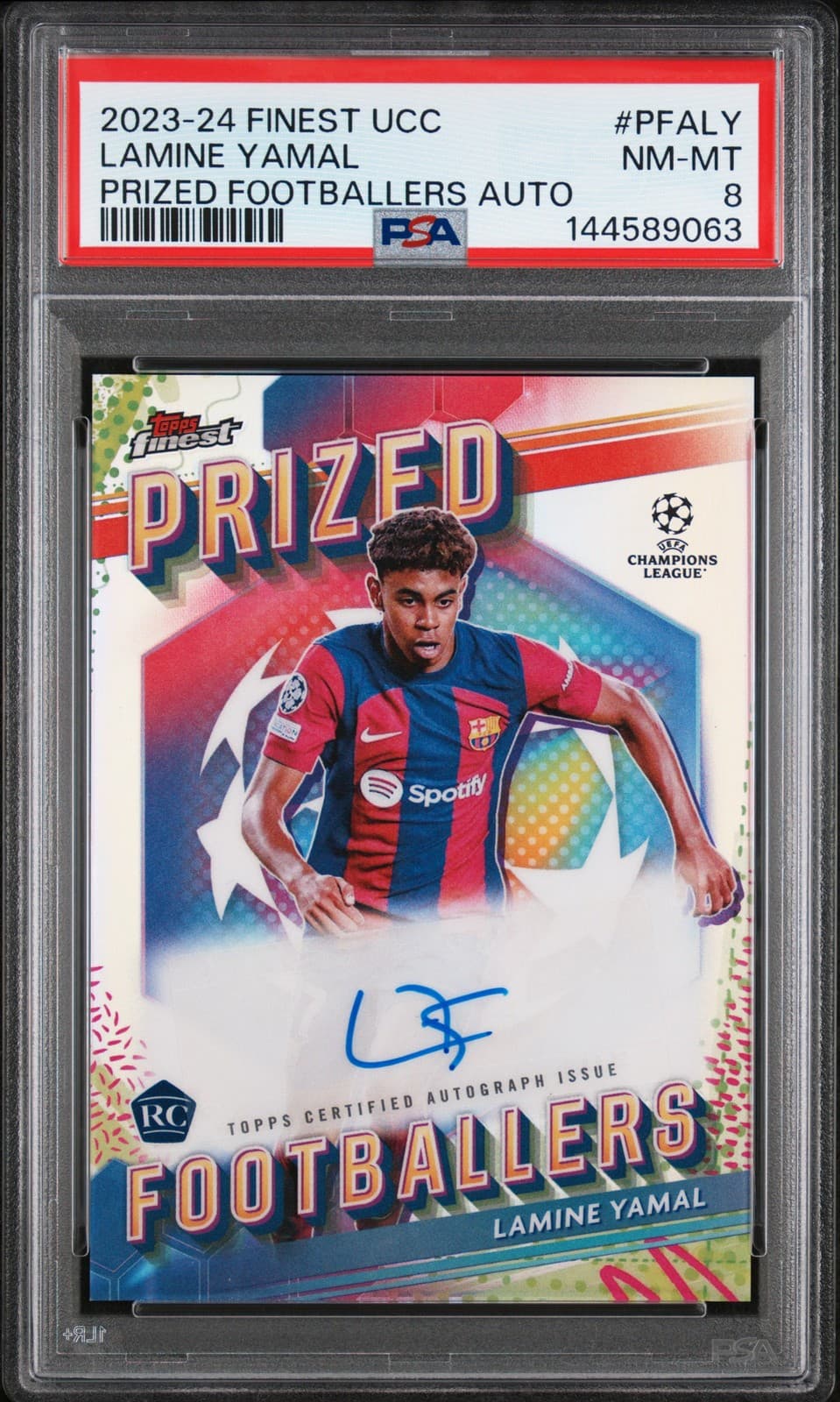 2023-24 TOPPS FINEST UCC PRIZED FOOTBALLERS AUTO LAMINE YAMAL ROOKIE RC PSA 8