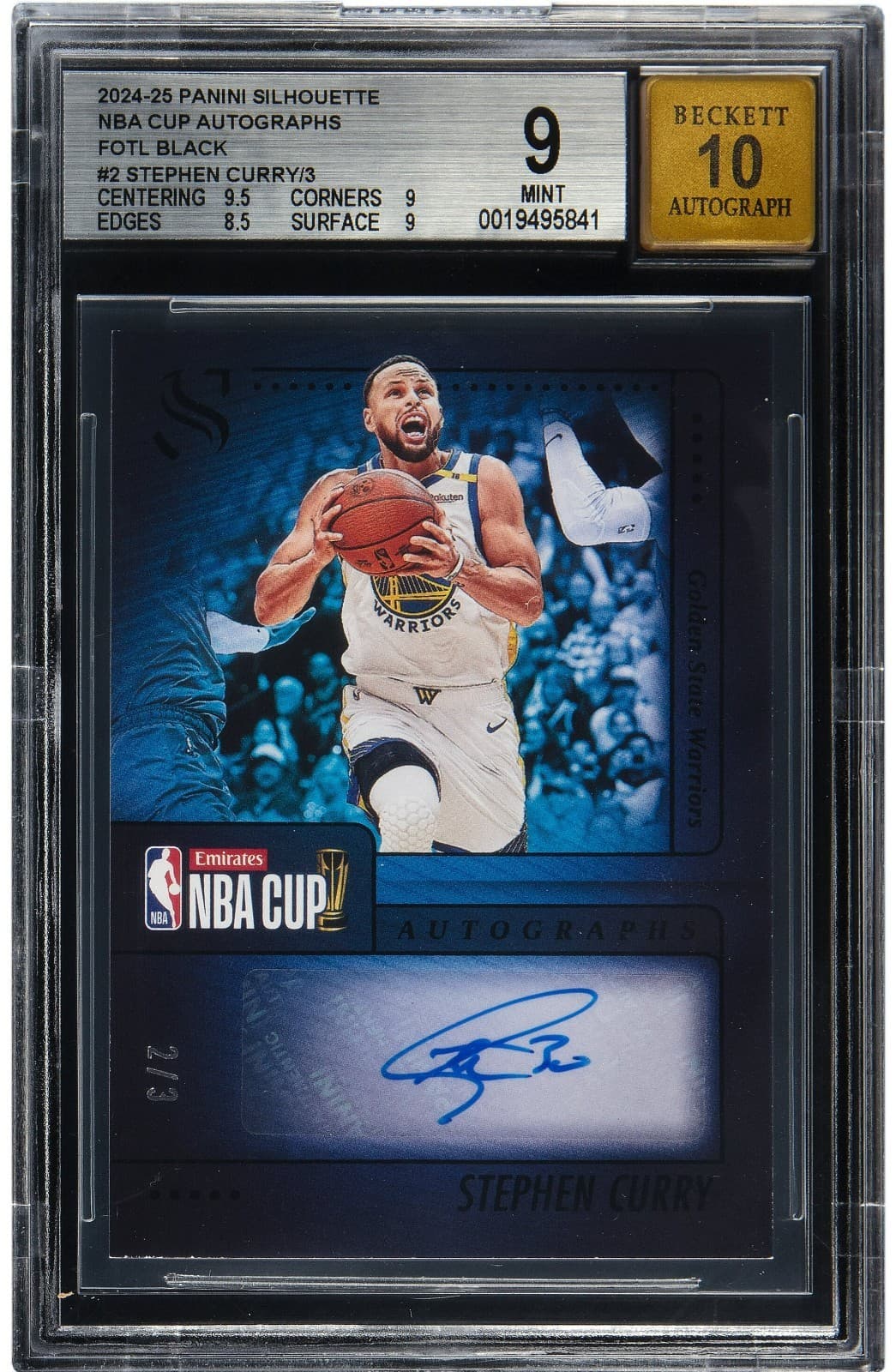 Stephen Curry 2024 Panini Silhouette NBA Cup Auto /3 FOTL Black BGS 9 Auto 10