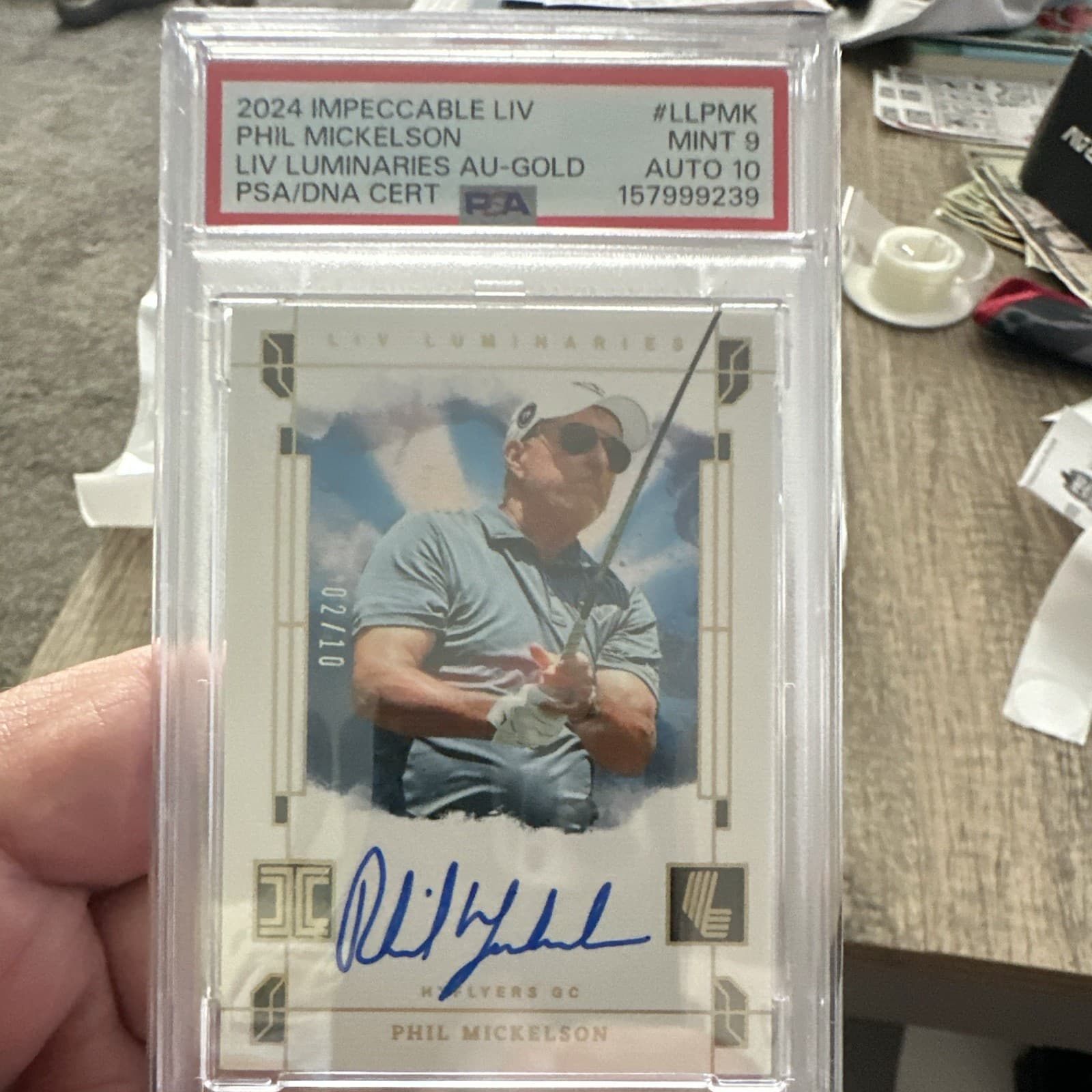 Panini Impeccable LIV Golf Phil Mickelson LIV Luminaries Gold Auto /10 PSA 9