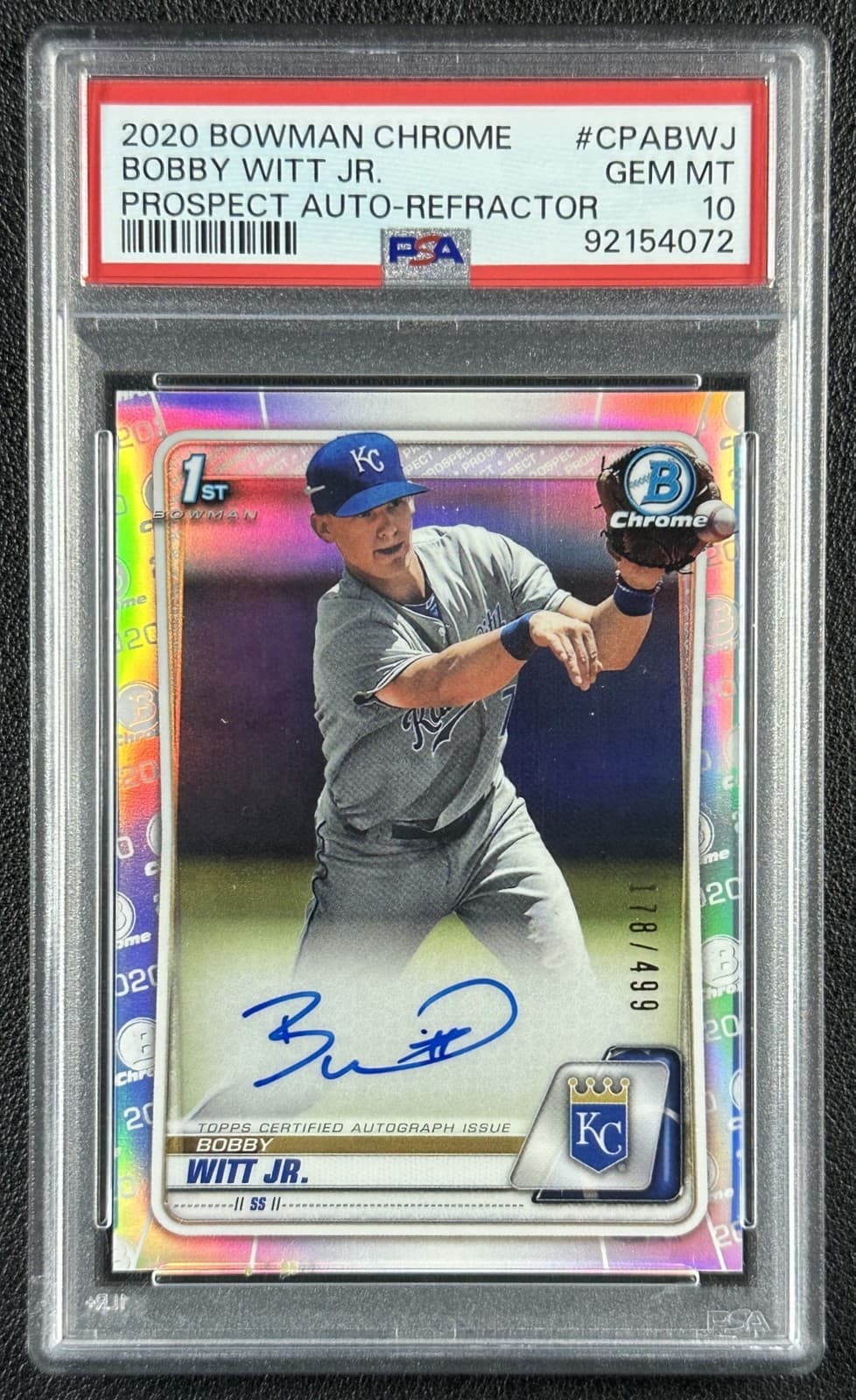 BOBBY WITT JR. PSA 10 2020 BOWMAN 1ST RC CHROME PROSPECT REFRACTOR AUTO 178/499