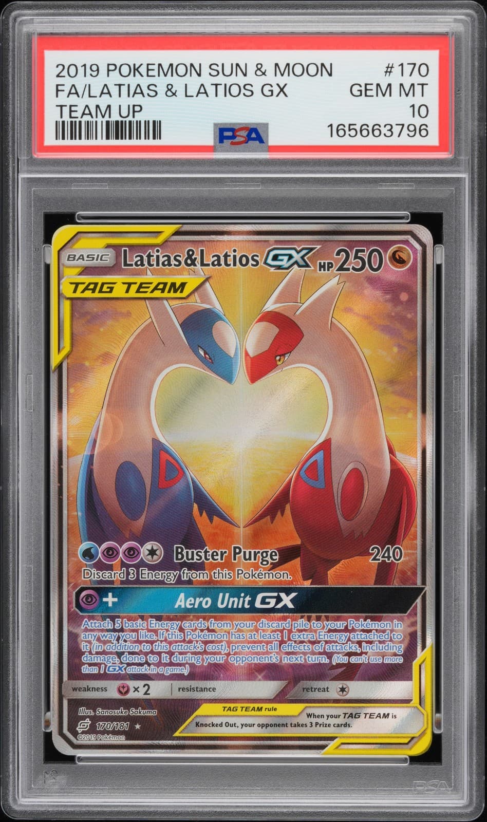 2019 POKEMON SUN & MOON TEAM UP #170 FULL ART/LATIAS & LATIOS GX PSA 10