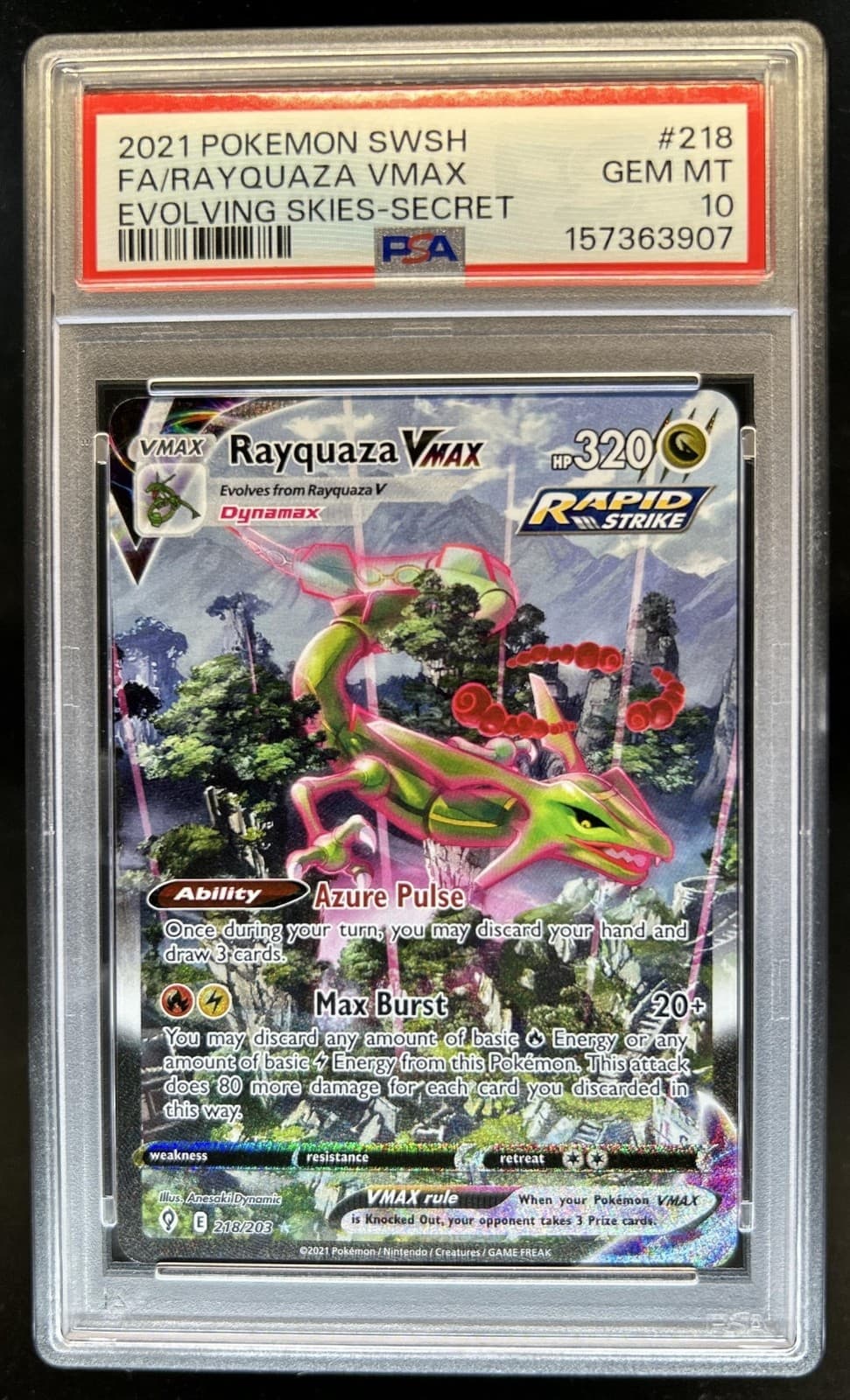 2021 Pokemon SWSH Evolving Skies Rayquaza VMAX #218/203 PSA 10 GEM MINT
