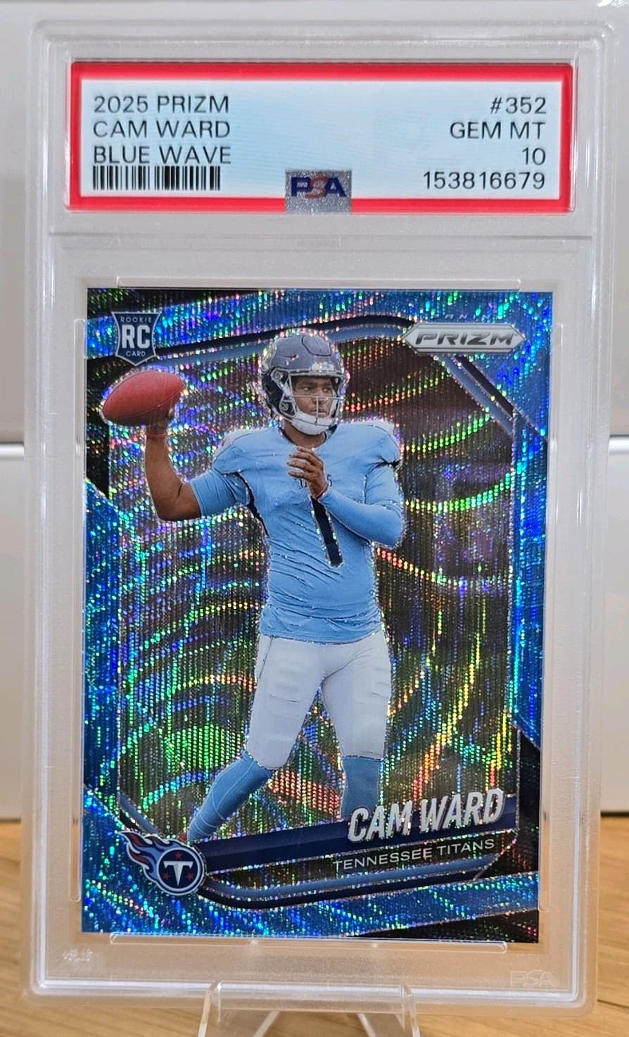 Panini 2025 Prizm Rookies Cam Ward RC Blue Wave Prizm #352 /230 PSA 10