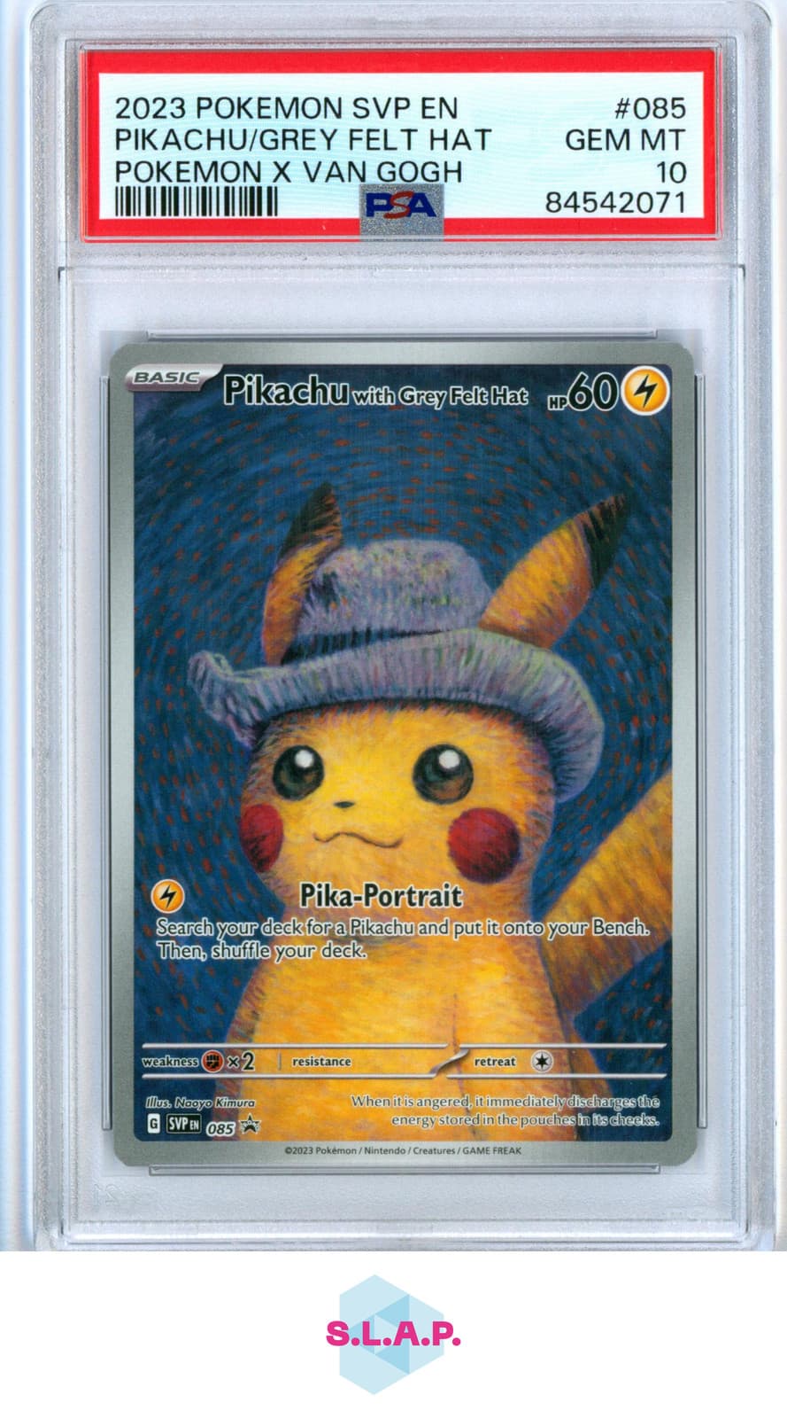 PIKACHU/GREY FELT HAT POKEMON X VAN GOGH SVP EN-SV BLCK STR PRM 2023 085 PSA 10