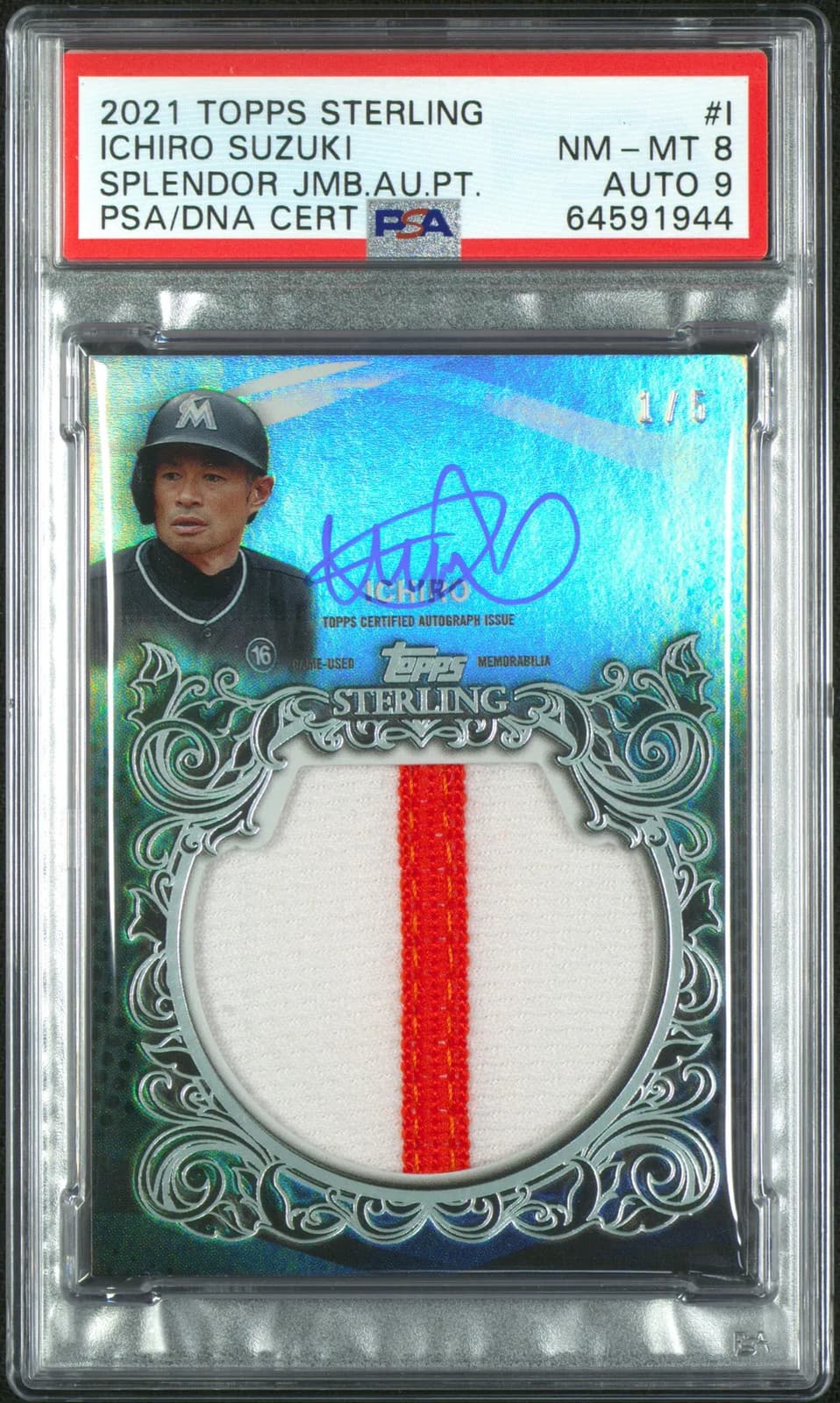 2021 Topps Sterling Splendor Jumbo Autographed Patch Ichiro 1/6 PSA