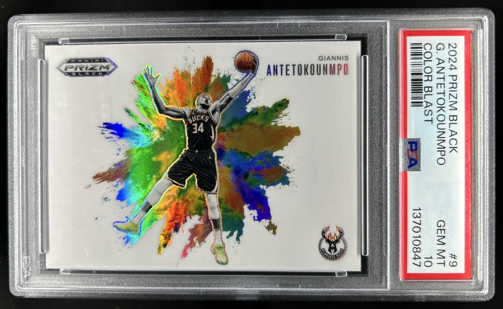 2024-25 Panini Prizm Black Giannis Antetokounmpo Color Blast #9 Bucks PSA 10