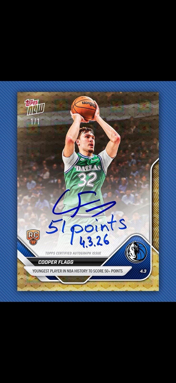 Topps Now Cooper Flagg One of One Rookie Autograph Dallas Mavericks NBA Card