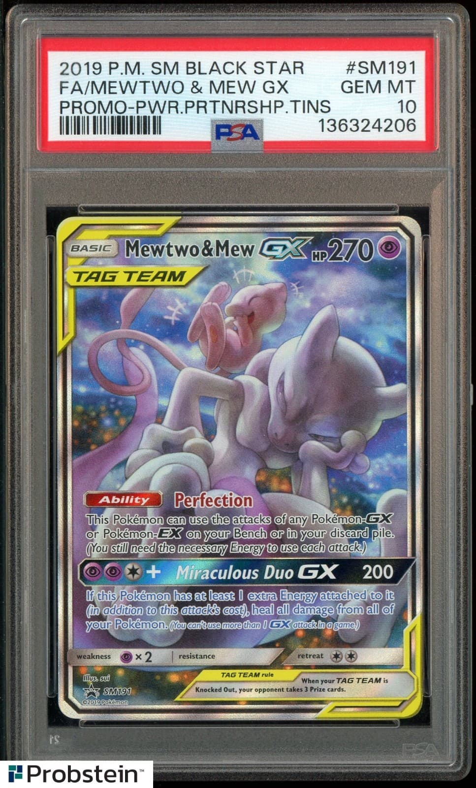 2019 Pokemon SM BSP Power Partnership Tins #SM191 FA Mewtwo & Mew GX PSA 10