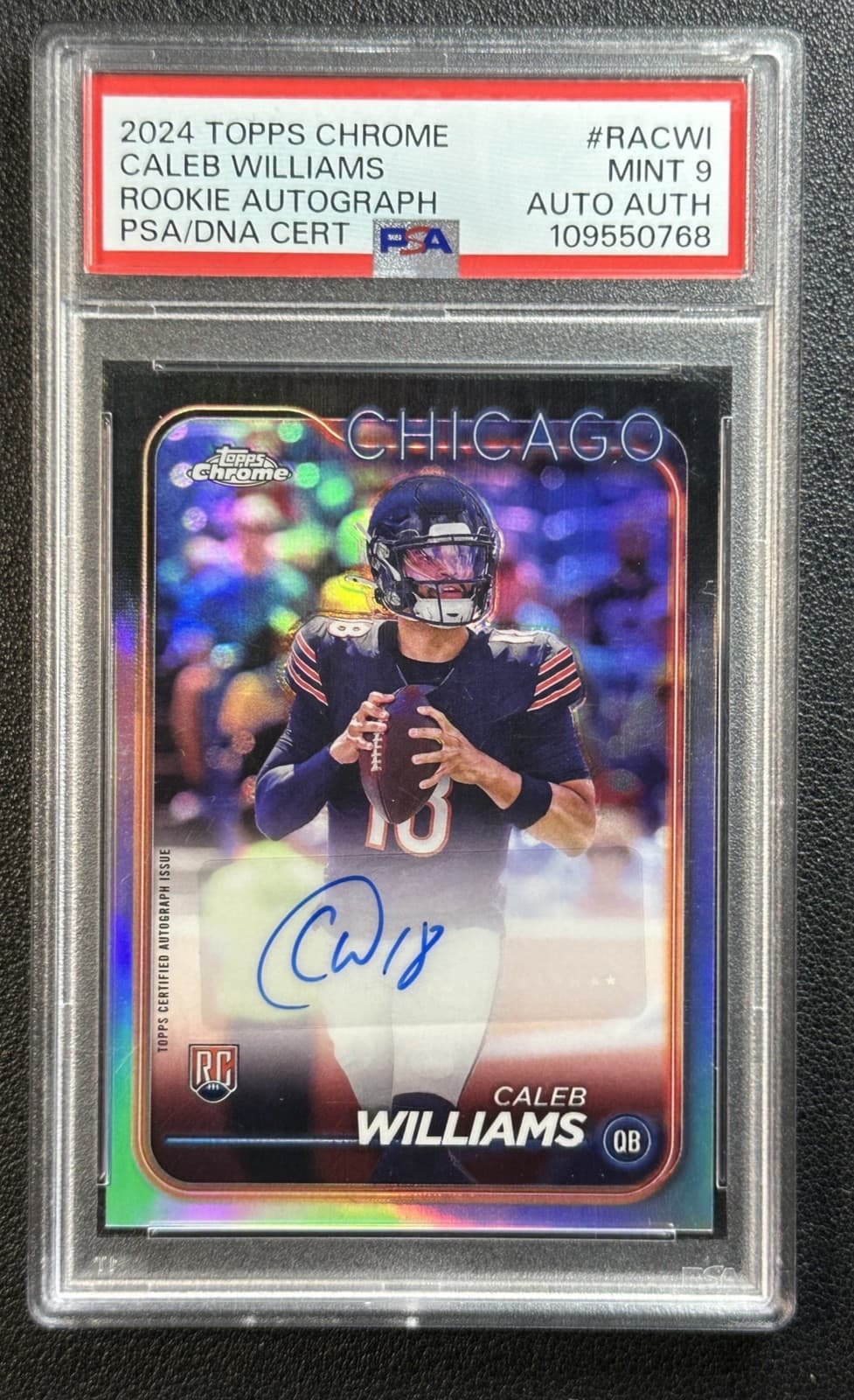 CALEB WILLIAMS PSA 9 2024 TOPPS CHROME #RA-CWI ROOKIE REFRACTOR AUTO RC BEARS 68