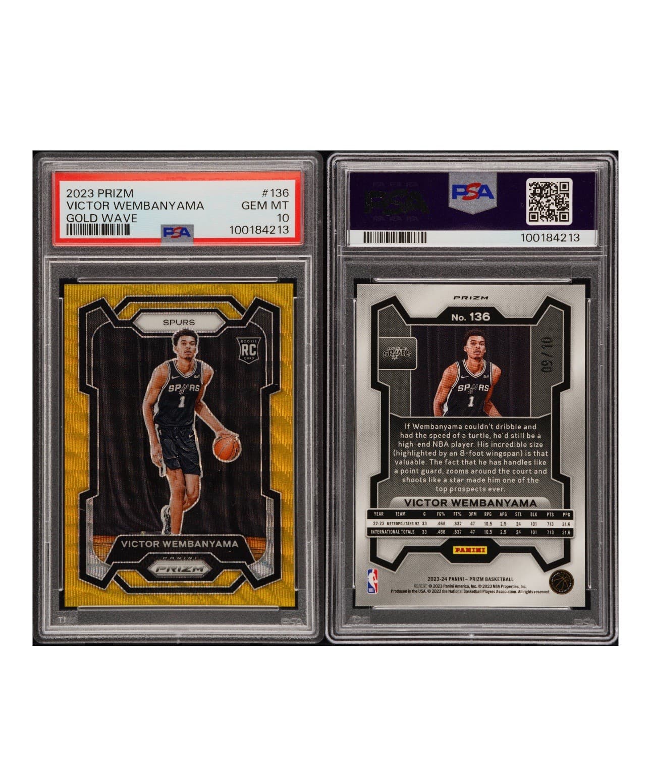 Victor Wemby Wembanyama 23-24 Prizm #136 Gold Wave /60 Rookie RC Spurs PSA 10