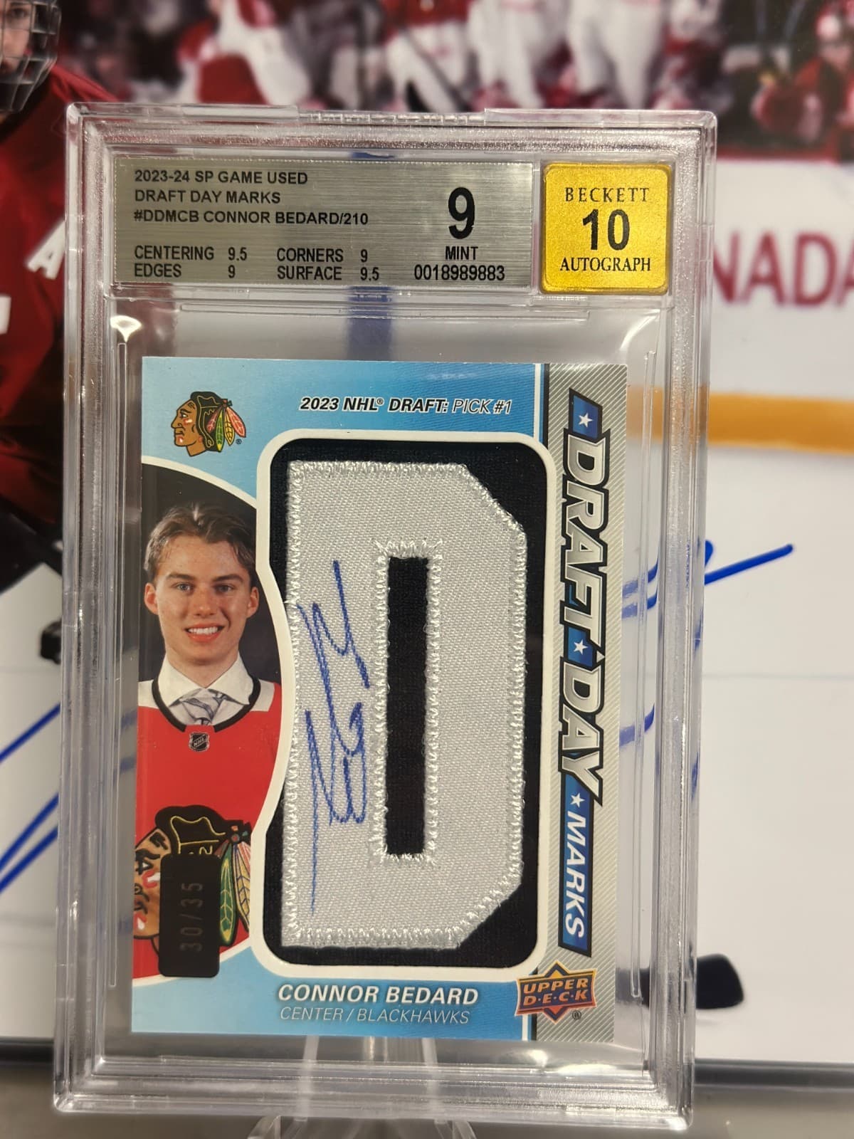 23-2 SP Game Used Draft Day Marks 30/35 Connor Bedard #DDM-CB Rookie Auto "D"