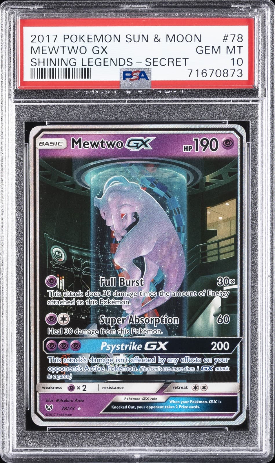 2017 POKEMON SUN & MOON SHINING LEGENDS SECRET #78 MEWTWO GX PSA 10