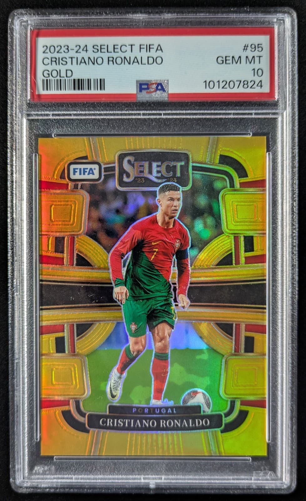 2023-24 Panini Select FIFA CRISTIANO RONALDO 2/10 Gold Prizm Terrace #95 PSA 10