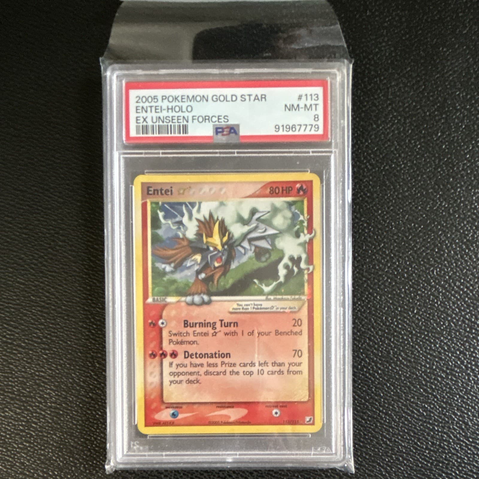 2005 Pokemon TCG Entei Star Gold Star Holo EX Unseen Forces 113/115 PSA 8
