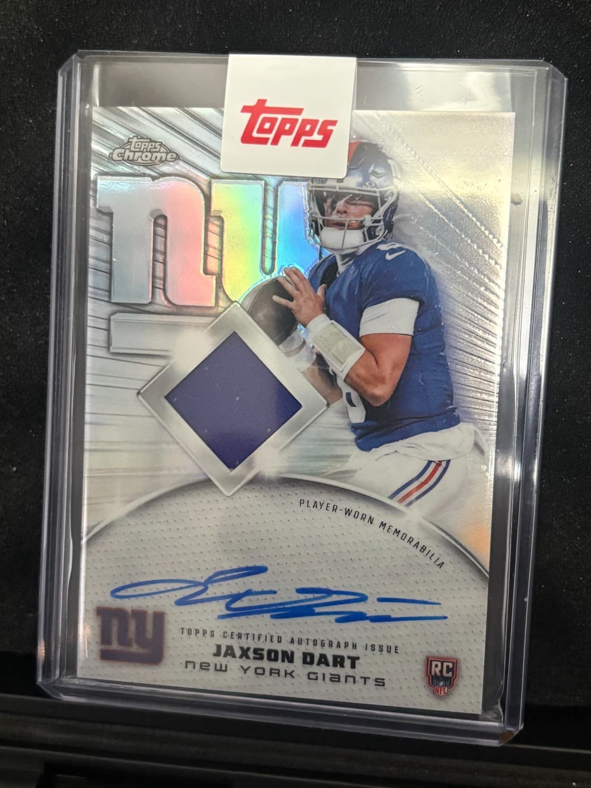 Jaxson Dart 2025 Topps Chrome Rookie Patch Autograph RPA-JD (GAME WORN JERSEY)