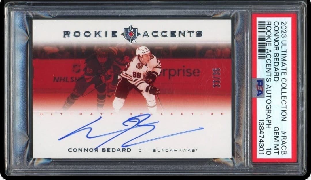 2023 UPPER DECK ULTIMATE COLLECTION CONNOR BEDARD ROOKIE ACCENTS AUTO /35 PSA 10