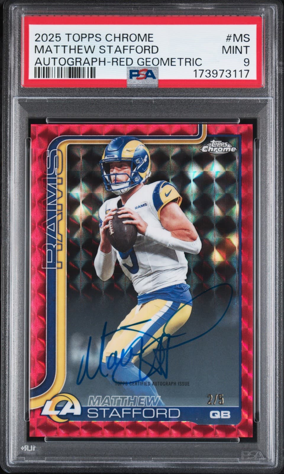 2025 TOPPS CHROME AUTO RED GEOMETRIC #MS MATTHEW STAFFORD 2/5 PSA 9