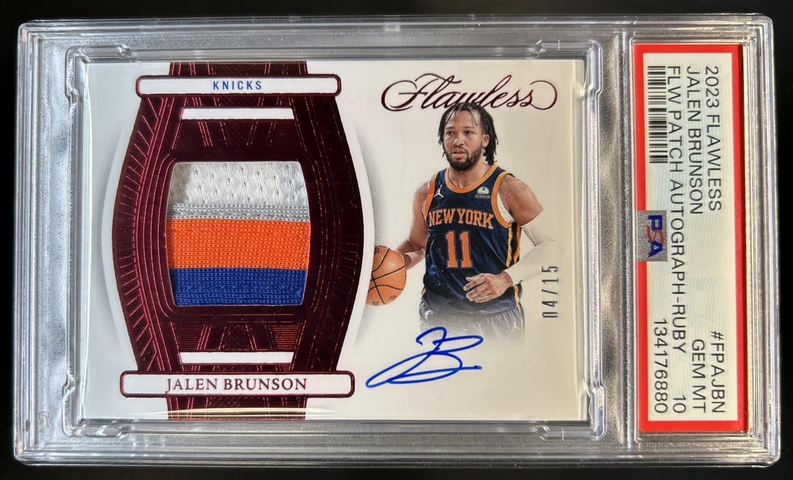 2023-24 Panini Flawless Jalen Brunson Patch Auto Ruby #/15 Knicks PSA 10