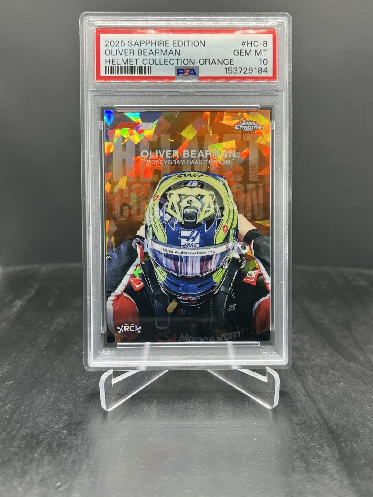 2025 Topps Chrome Sapphire F1 Oliver Bearman RC Helmet Orange 10/25 PSA 10 #HC-8