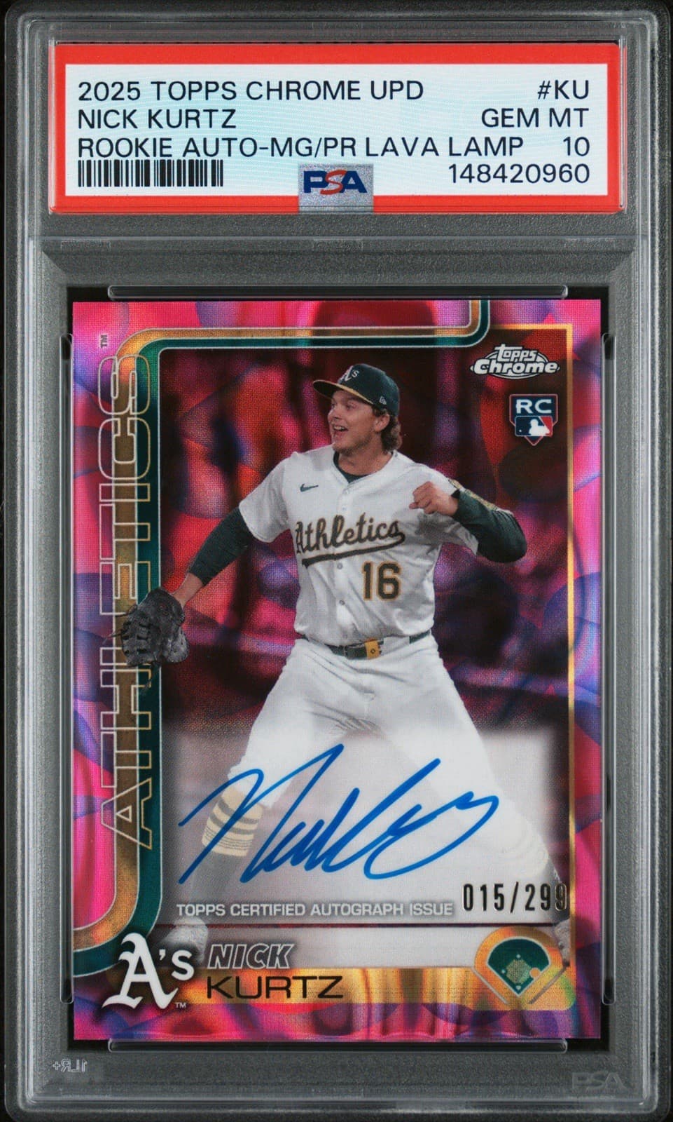 2025 TOPPS CHROME UP ROOKIE NICK KURTZ ROOKIE AUTO-MG/PR LAVA LAMP PSA 10 /299
