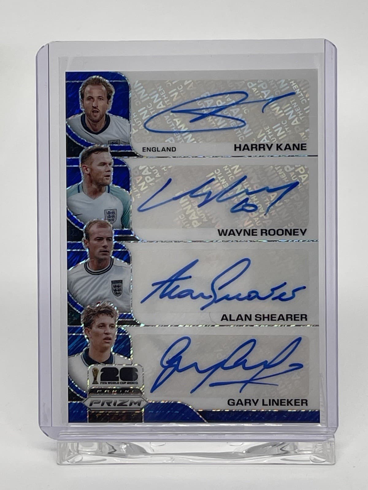 2026 Prizm World Cup England Quad Auto Kane Rooney Lineker Shearer Blue Shimmer