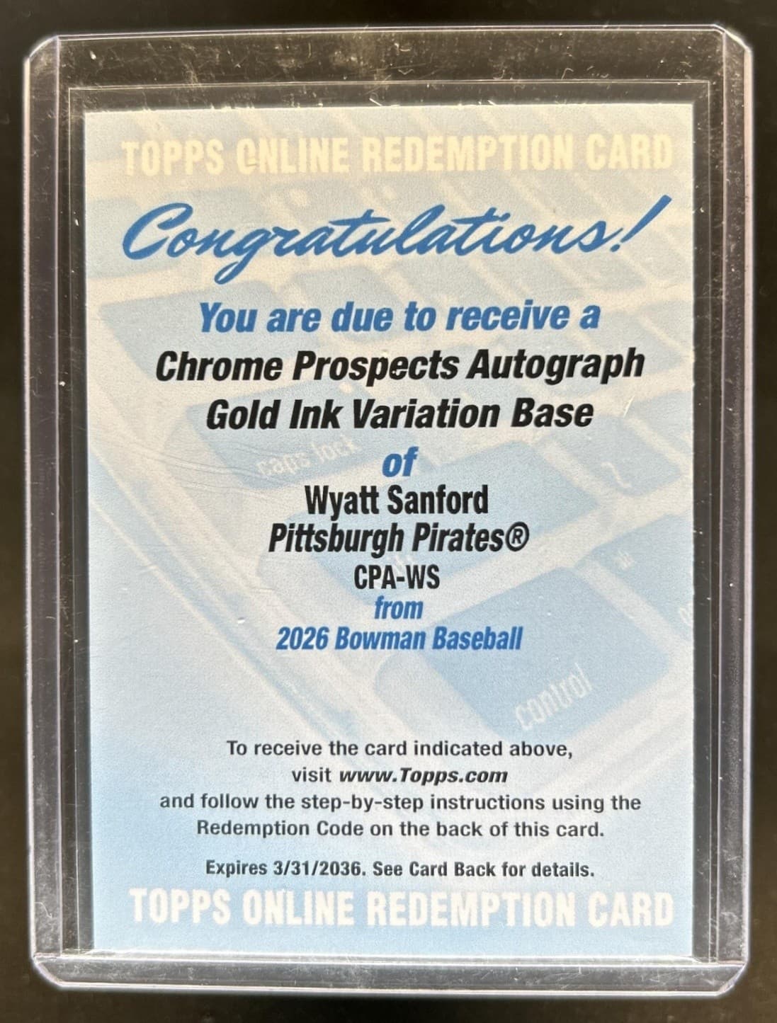 2026 Bowman Wyatt Sanford Chrome Auto Gold Ink Variation 1st #/15 Pirates