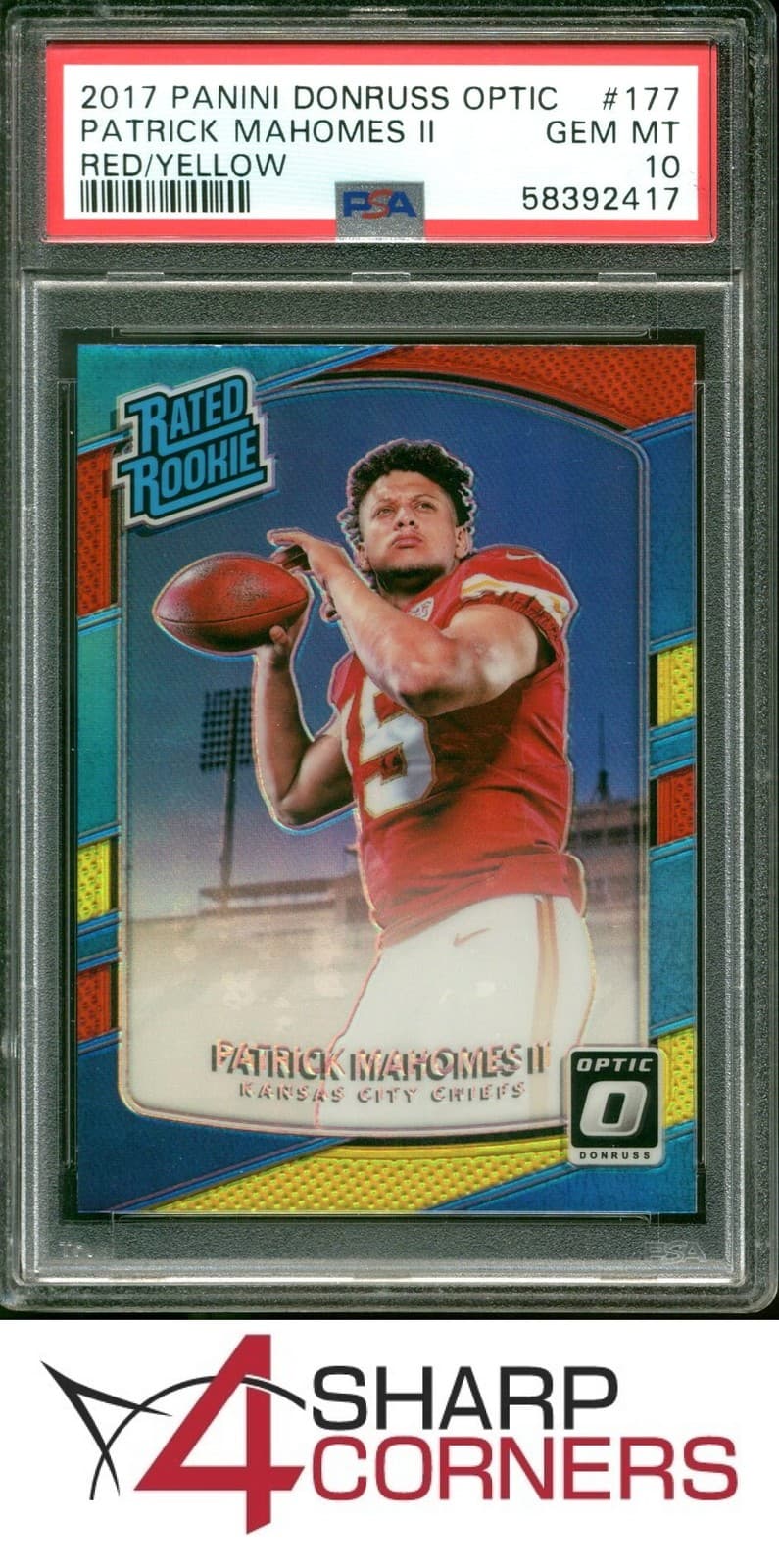 2017 PANINI DONRUSS OPTIC RED YELLOW PRIZM #177 PATRICK MAHOMES II RC PSA 10