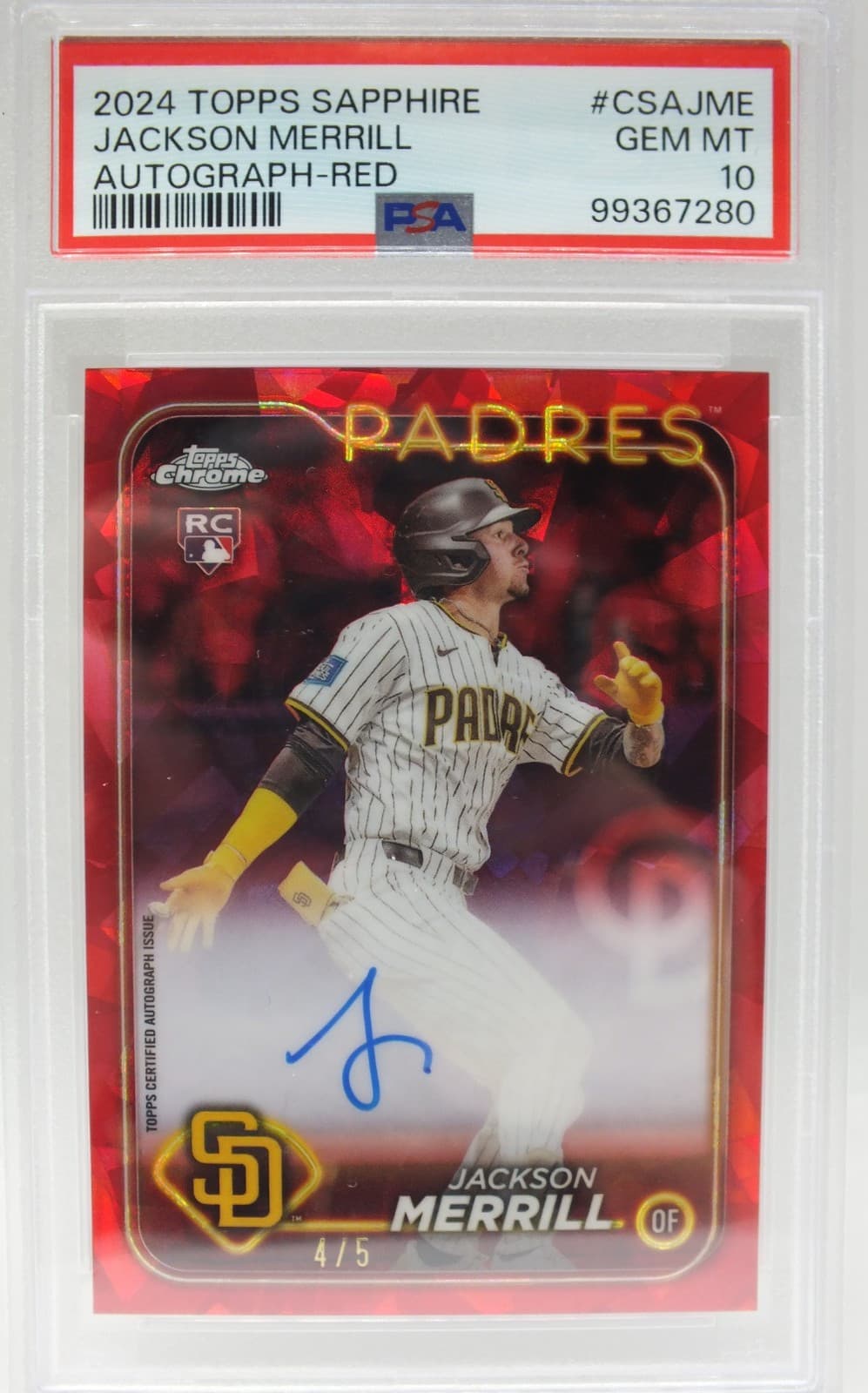 2024 Topps Chrome Sapphire Auto-Red Jackson Merrill /5 PSA 10 #CSAJME Pop. 2