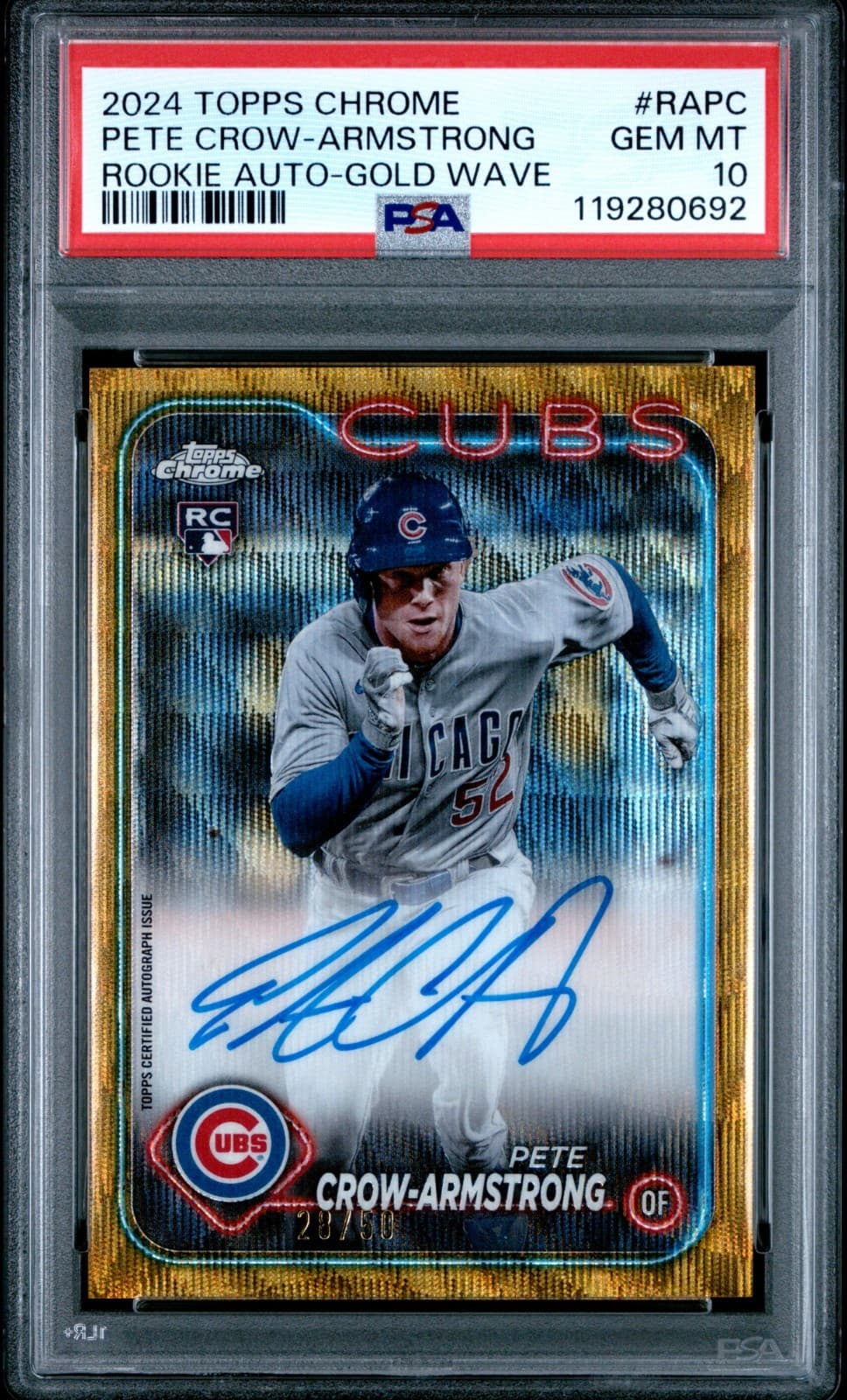2024 Topps Chrome Pete Crow-Armstrong RC Auto Gold Wave Refractor /50 PSA 10