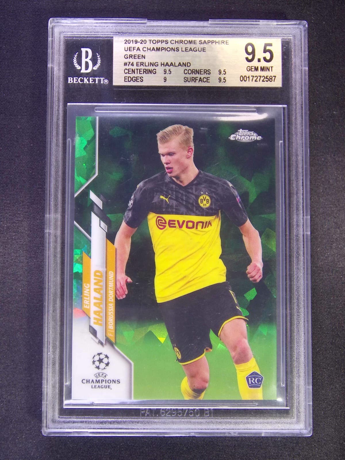 17/75 JSY# 1/1 2019-20 Topps Chrome UEFA Sapphire Erling Haaland #74 RC BGS 9.5