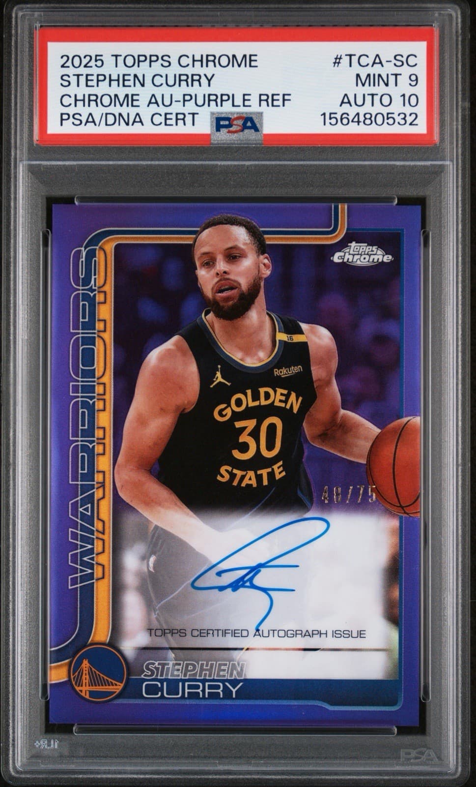 2025-26 Topps Chrome Stephen Curry Auto Purple Refractor /75 PSA 9 Auto 10