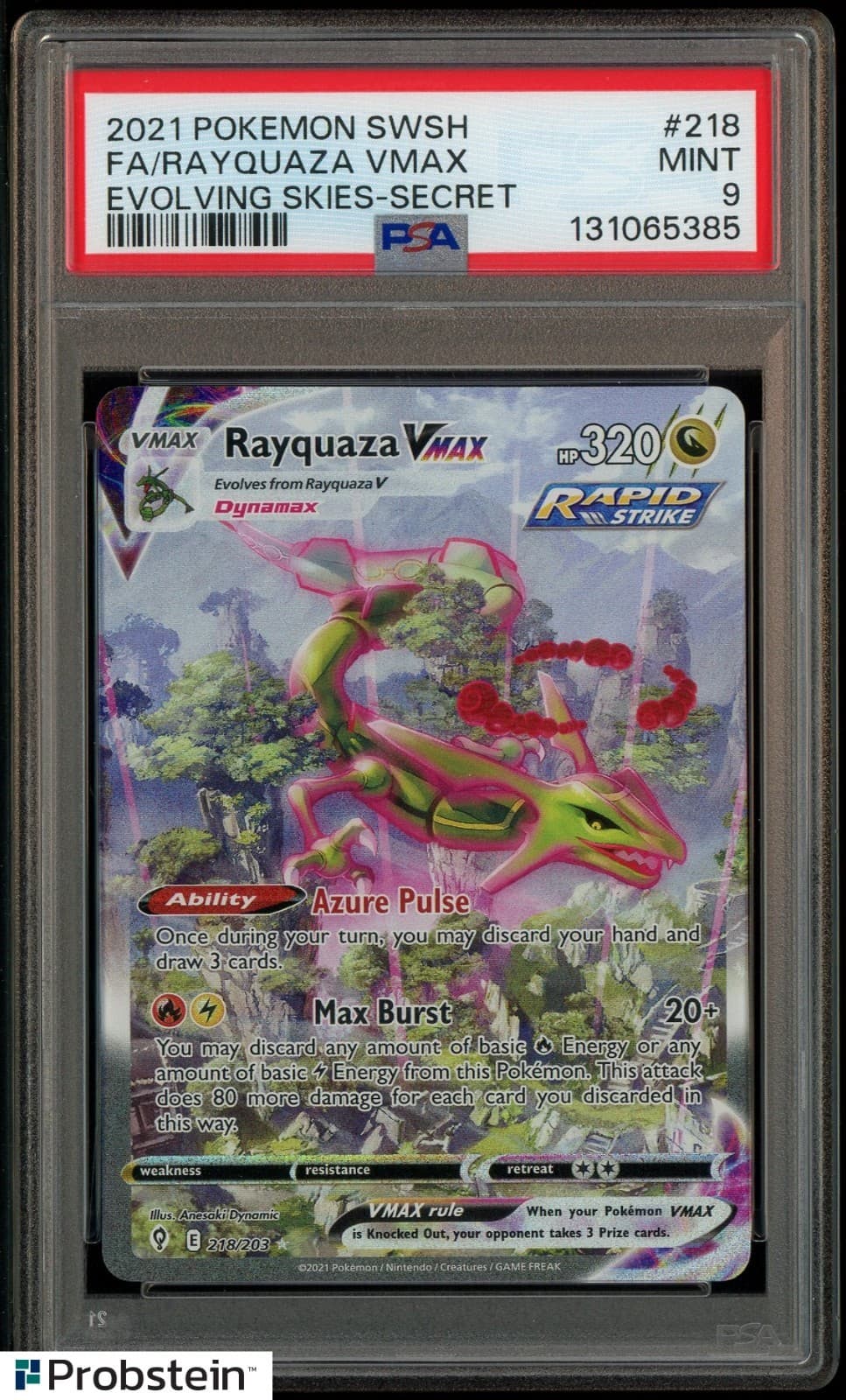 2021 Pokemon SWSH Evolving Skies Secret #218 FA Rayquaza VMAX PSA 9