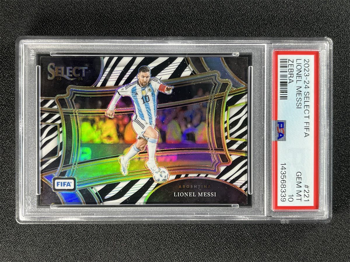 2023-24 Panini Select FIFA Lionel Messi #221 Field Level Zebra /25 PSA 10 Gem Mt