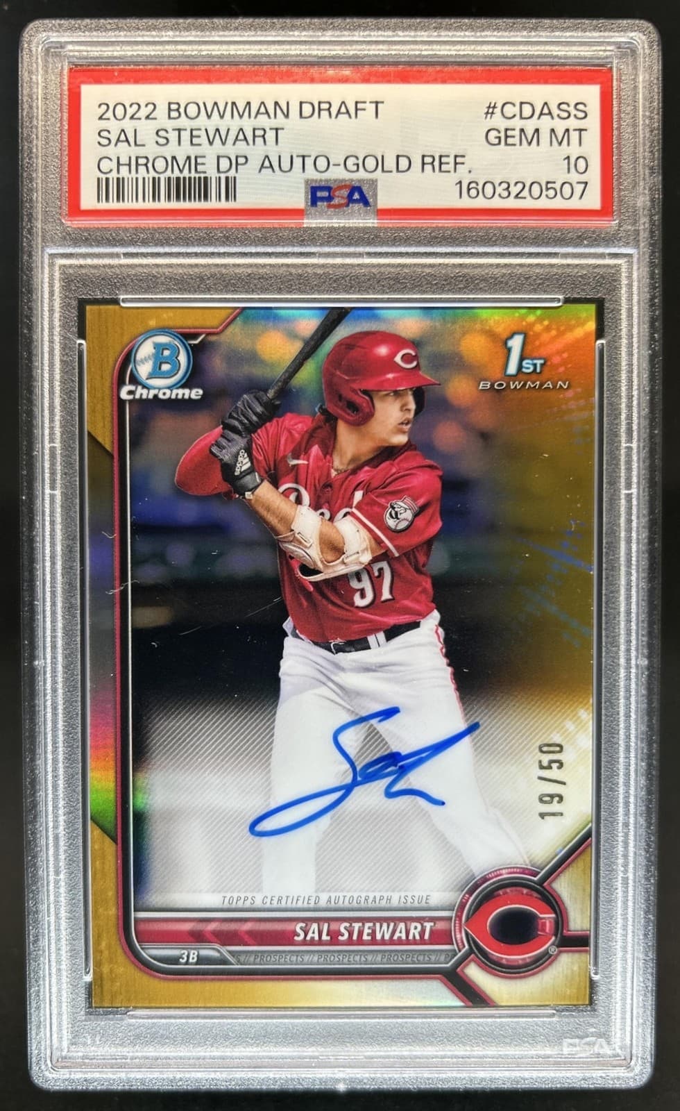 2022 Bowman Draft Sal Stewart Chrome Auto Gold Refractor 1st #/50 Reds PSA 10