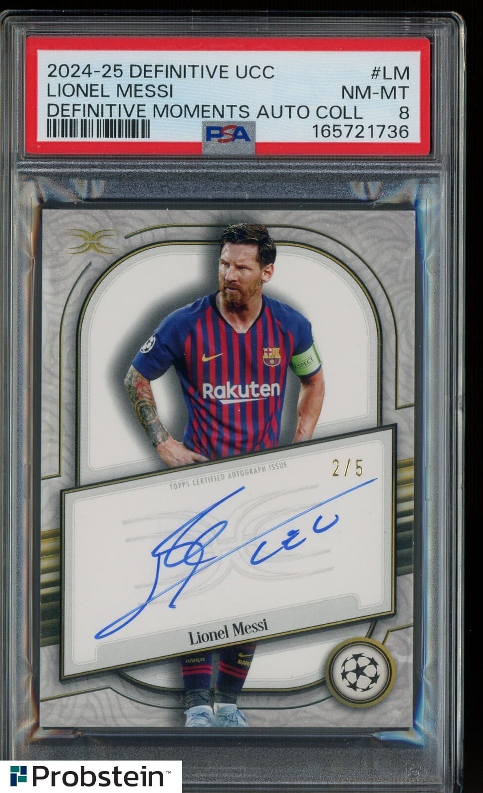 2024-25 Topps Definitive Moments UCC Soccer Lionel Messi ON CARD AUTO 2/5 PSA 8