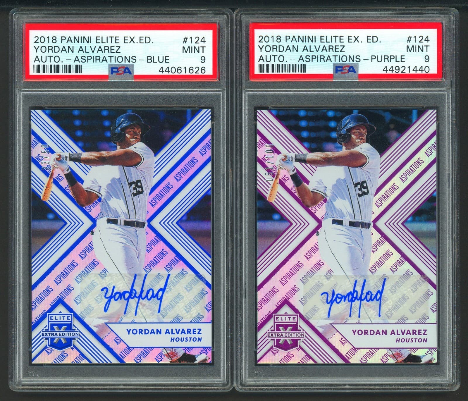 2 2018 Panini Elite Yordan Alvarez RC Rookie AUTO #/50 & #/100 PSA 9 LOT Astros