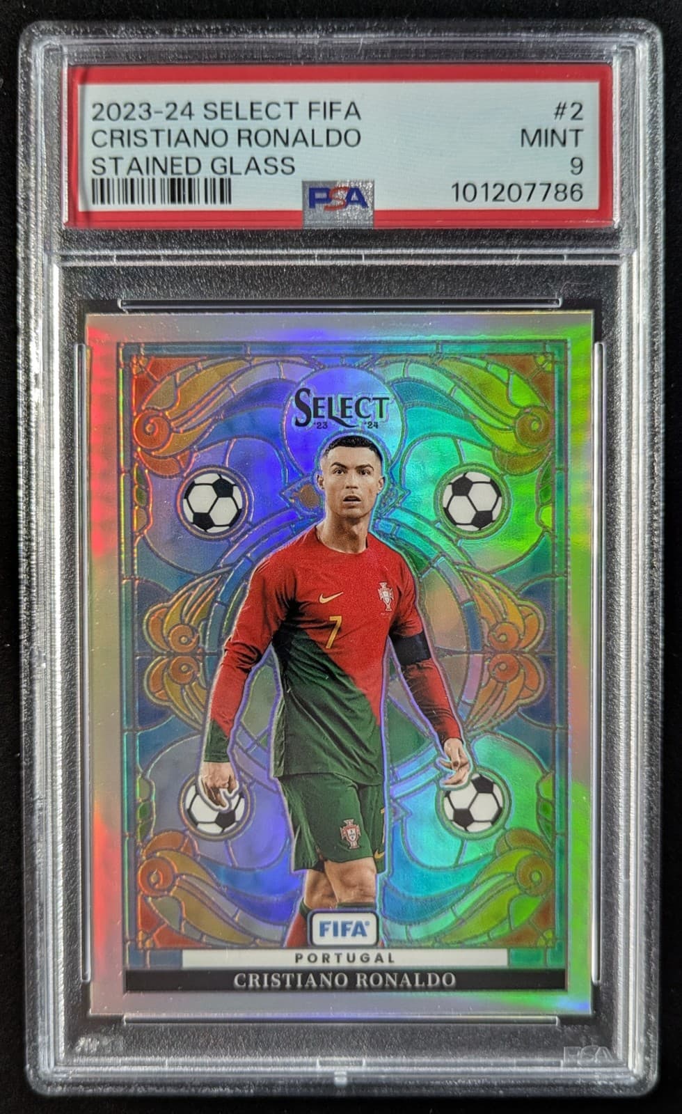 2023-24 Panini Select FIFA CRISTIANO RONALDO Stained Glass SSP Case Hit #2 PSA 9