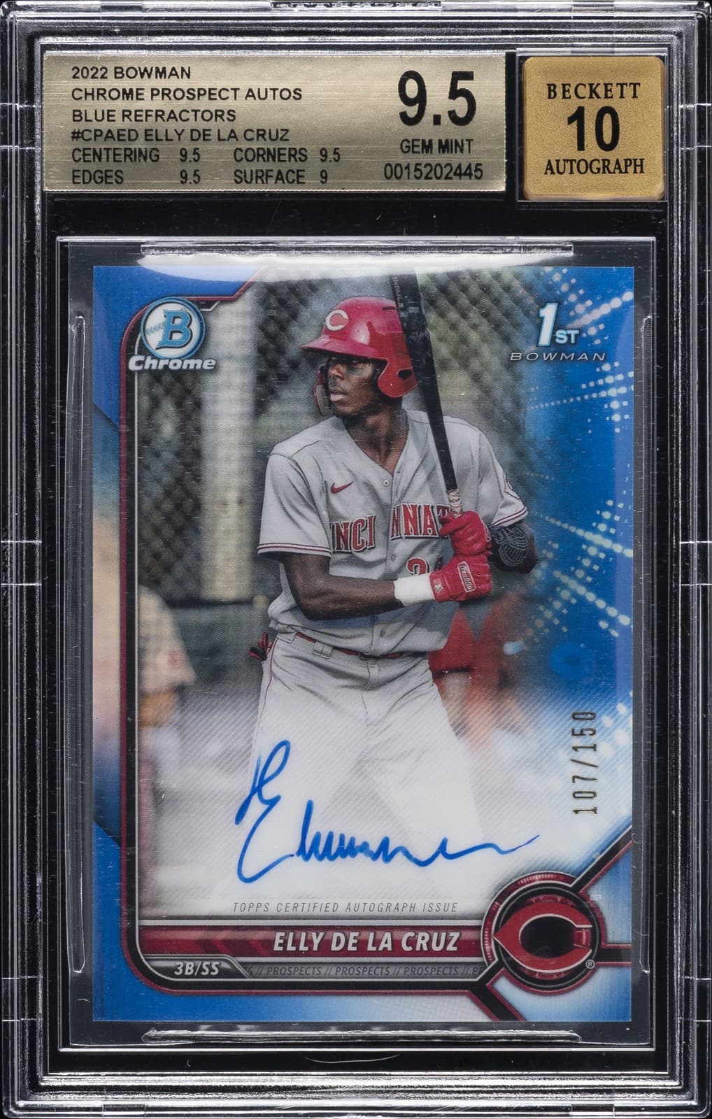 2022 BOWMAN CHROME PROSPECT BLUE REFRACTOR ELLY DE LA CRUZ /150 BGS 9.5 AUTO 10