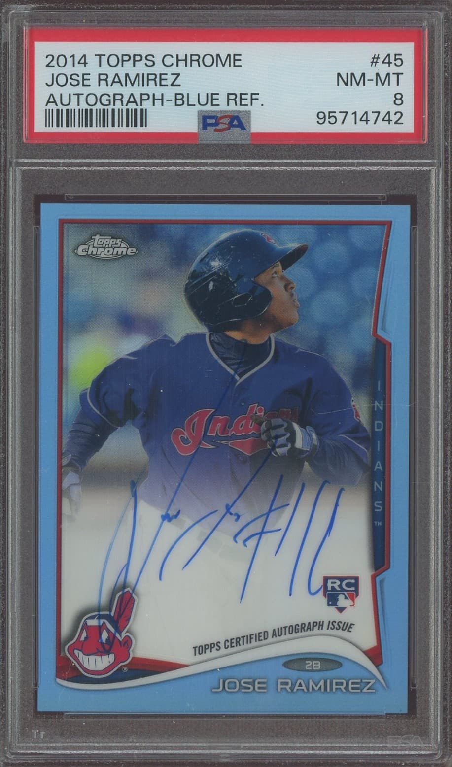 2014 Topps Chrome Blue Refractor #45 Jose Ramirez RC Rookie AUTO 129/199 PSA 8