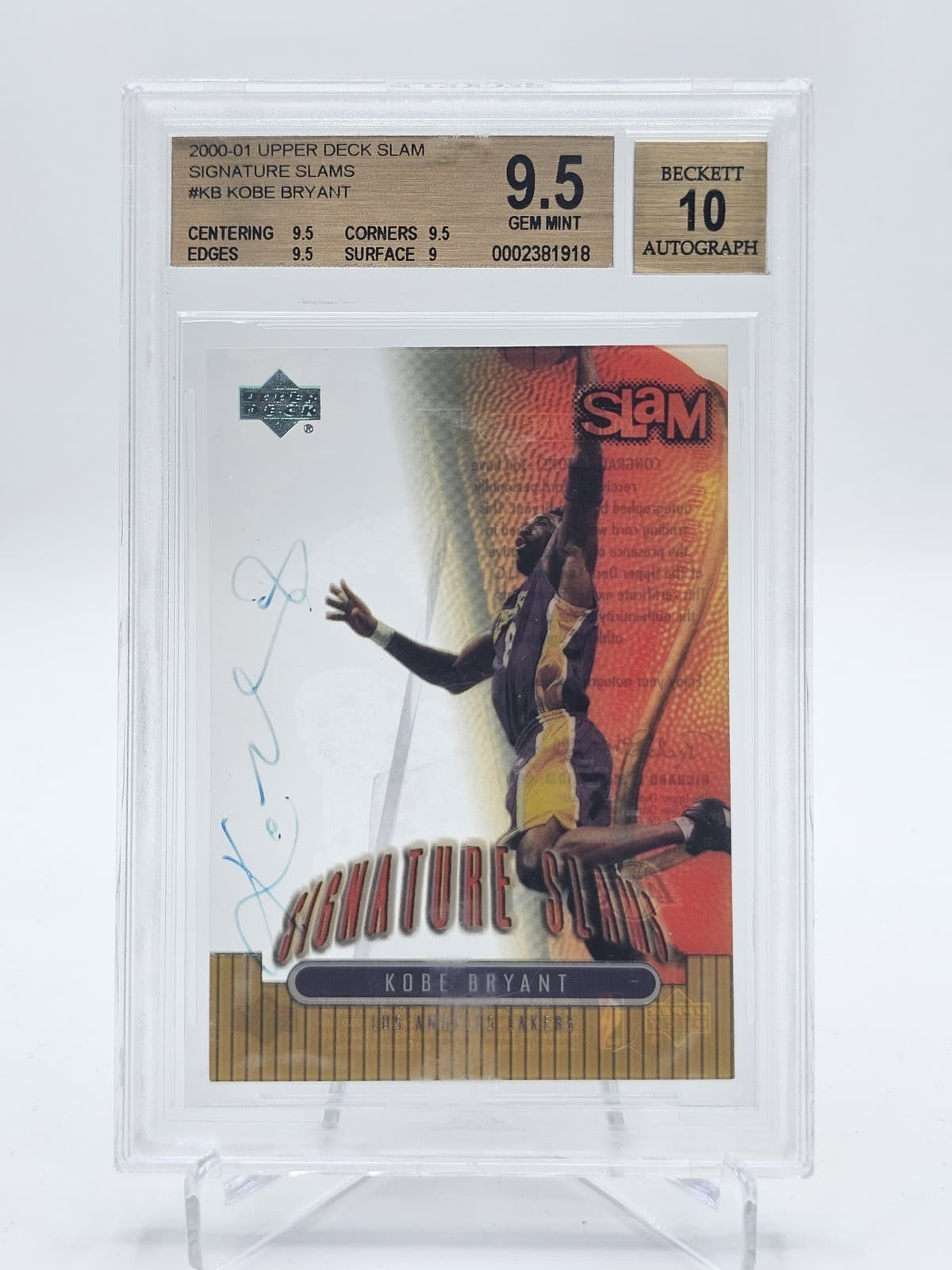 KOBE BRYANT 2000-01 UPPER DECK SLAM SIGNATURE SLAMS AUTO GEM MINT BGS 9.5 Q4042